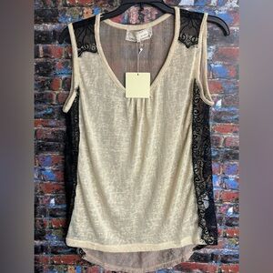 Anthropologie a’reve Beige Black Lace Detail Knit Front High Low Sleeveless Top